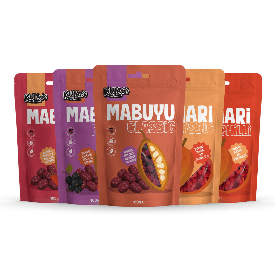 Kula54 Mabuyu & Achari snack packages with a transparent background.